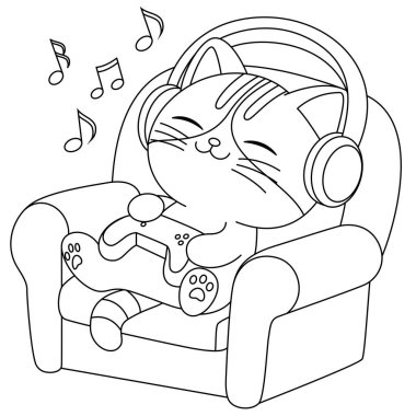 Şirin kedi müzik boyama sayfasını dinliyor. Kawaii kedi resmi boyama kitabı 
