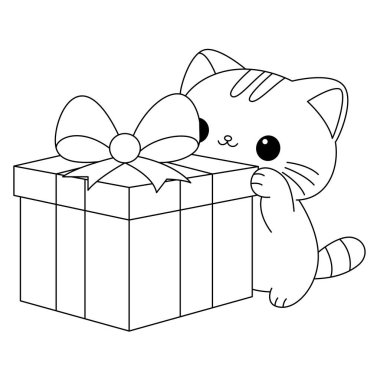 Kawaii kedisinin hediye kutularıyla boyama sayfası