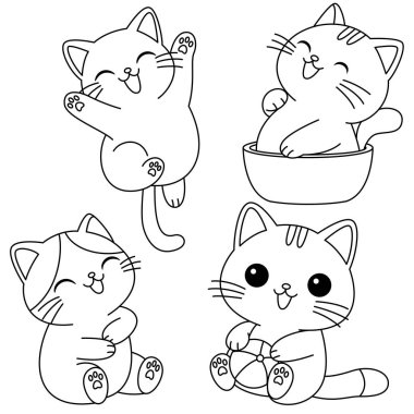 Şirin kedi seti. Hayvan el çizimi, karalama, çizgi sanat tarzı şirin çizgi film karakteri. Hayvan koleksiyonu. Düz dizayn Bebek arkaplanı. 