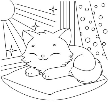 Şirin kedi pencere boyama sayfasının yanında güneşleniyor. Komik kawaii gülümseyen karalama hayvanı. Yüz hatları siluet simgesi. Sevimli çizgi film evcil hayvan karakteri. Düz tasarım.