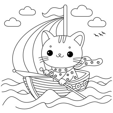 The cute cat is rowing a boat out at sea coloring page. clipart