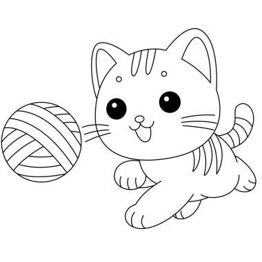 Kedi iplik boyama sayfasını kovalıyor. Kedi karakter vektörü illüstrasyonu