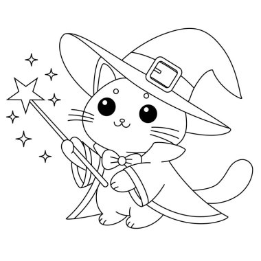 Kedi cadı şapkası takıyor ve sihirli bir değnek boyama sayfası tutuyor.