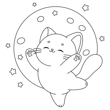 Şirin kedi dans eden boyama sayfası. Kedi karakter vektörü illüstrasyonu