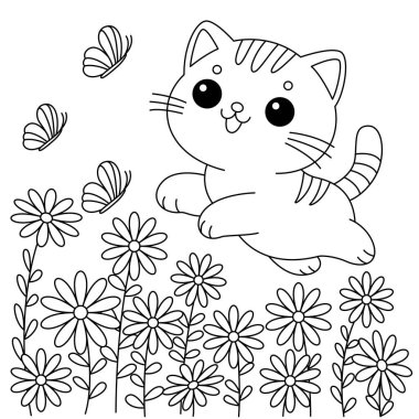 Kedi çiçek bahçesinin boyama sayfasında mutlu bir şekilde oynuyor..