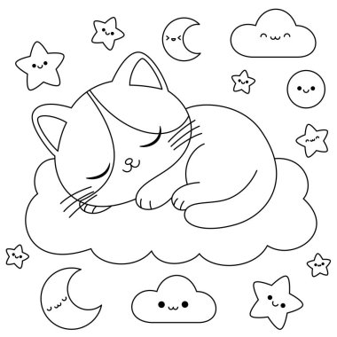 Şirin kedi bulut boyama sayfasında uyuyor.