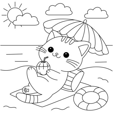 Şirin kedi plaj tatili boyama sayfasına gidiyor..