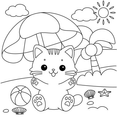 Şirin kedi plaj tatili boyama sayfasına gidiyor..