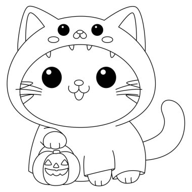 Şirin kedi Cadılar Bayramı kostüm boyama sayfası takıyor. Çocuklar için çizgi film resimleme kitabı