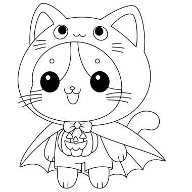 Şirin kedi Cadılar Bayramı kostüm boyama sayfası takıyor. Çocuklar için çizgi film resimleme kitabı