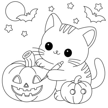 Şakacı kedi Cadılar Bayramı boyama sayfası için balkabağı oyuyor.
