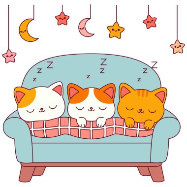 Üç sevimli kedi, beyaz arka planda izole bir şekilde bir kanepede uyuyorlar. Çizgi film stili.