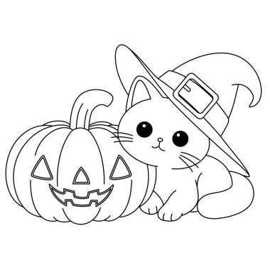 Tatlı kedi ve Cadılar Bayramı kabağı boyama sayfası..