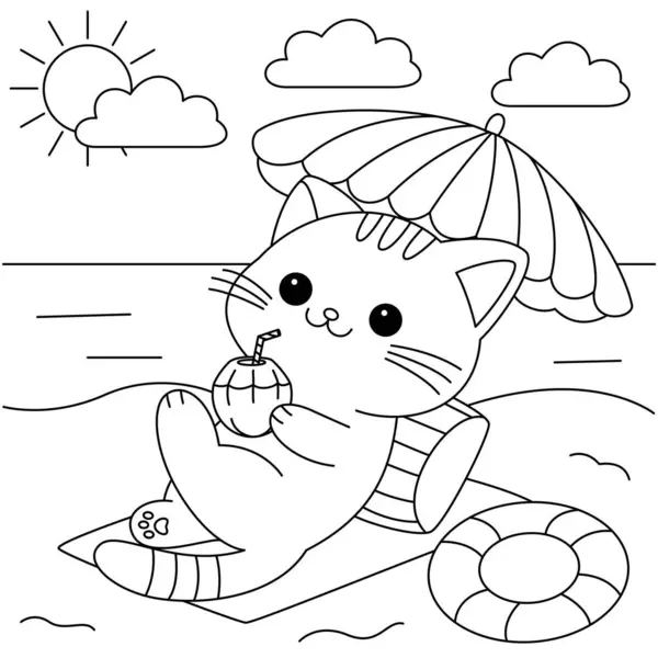 Şirin kedi plaj tatili boyama sayfasına gidiyor..