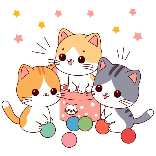 Three adorable cats are playing with balls illustration. Doodle cartoon style.