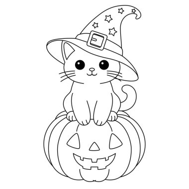 Şirin kedi Cadılar Bayramı kabak boyama sayfasında oturuyor.
