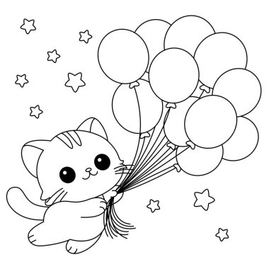 Oyuncu kedi bir sürü balon boyama sayfasıyla oynuyor..