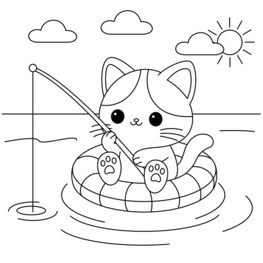 Şirin kedi şamandıra ve balık boyama sayfasında oturuyor..