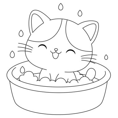 Şirin kedi havza boyama sayfasında banyo yapıyor..