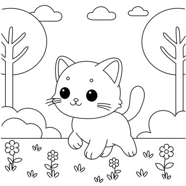 Şirin kedi park boyama sayfasında geziniyor.