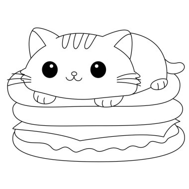 Tatlı kedi hamburger boyama sayfasında yatıyor.