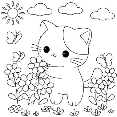 Şirin kedi bahçe boyama sayfasında çiçek topluyor. .