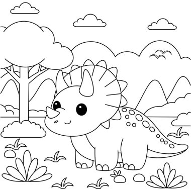Şirin Triceratops Otlayan Dinozor Renklendirme Sayfası