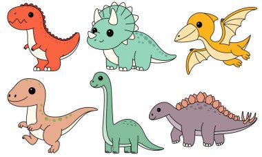 Beyaz arka planda izole edilmiş Şirin Dinozorlar boyama sayfası seti. Stegosaurus, Pteranodon, Brachiosaurus, Velociraptor, Tyrannosaurus, Triceratops
