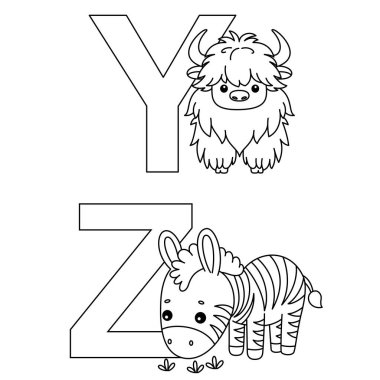 English alphabet with cute animals in cartoon style coloring page for kids clipart