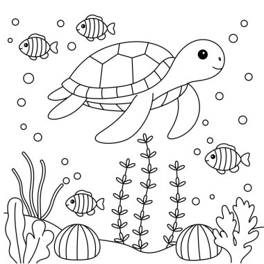 Cute turtle undersea coloring page or kids clipart