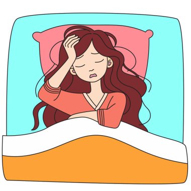 Yatak odasında kalan genç moman baş ağrısı, yorgunluk, migren ya da uykusuzluk vektör illüstrasyonundan muzdarip olarak uyanıyor. Zihinsel bozukluk, yalnızlık, konsept.