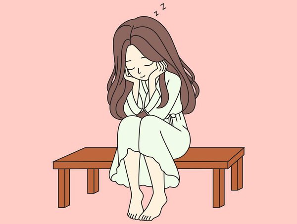 Girl rest see dreams or taking nap. Sleep problem, fatigue and exhaustion. Vector illustration.