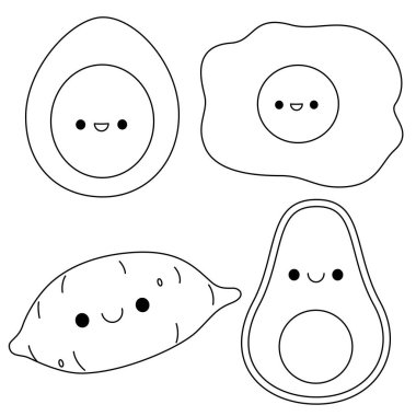 Tatlı Kızarmış Yumurta, Tatlı Patates, Avokado Çizgi Film Karakteri Renklendirme Sayfa Resimleri