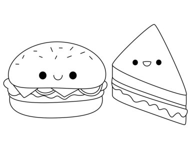 Tatlı Kawaii Sandviçi, Hamburger Fast Food Çizgi Film Karakteri Renklendirme Sayfa Resimleri
