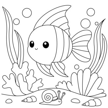 Şirin Kawaii Deniz Balığı Çizgi Film Karakteri Renklendirme Sayfa Gösterimi 