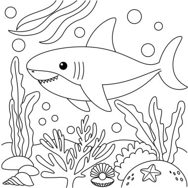 Şirin Kawaii Köpekbalığı Çizgi Film Karakteri Renklendirme Sayfa Vektörü İllüstrasyonu 