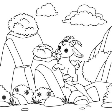 Şirin kawaii şakacı keçiler kayalık kayalıklara tırmanıyor ve çalıları kemiriyor çizgi film karakteri çizim sayfası çizimleri