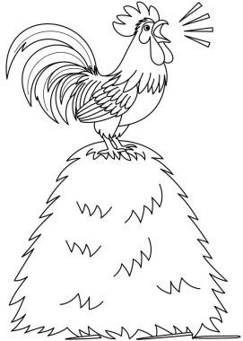 Şirin kawaii bir horoz saman çizgi film karakteri renklendirme sayfası illüstrasyonunun tepesinde ötüyor.