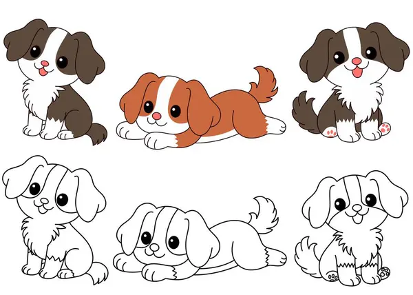 Beyaz Arkaplan Çizgi Film Karakteri Sayfa Resimleri 'nde Tatlı Kawaii Köpek Takımı izole edildi