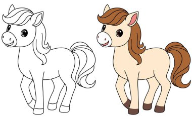 Beyaz arkaplan vektör illüstrasyonunda izole edilmiş şirin kawaii at çizgi film karakteri boyama sayfası