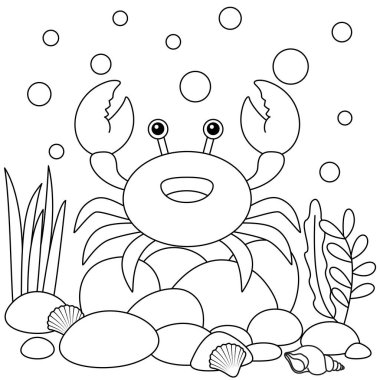 Şirin kawaii yengeç çizgi film karakteri sualtı arkaplan renklendirme sayfası illüstrasyonu