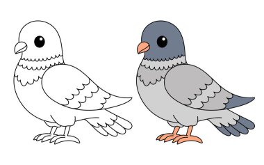 Şirin kawaii güvercin çizgi film karakteri karakter boyama sayfası çizimi