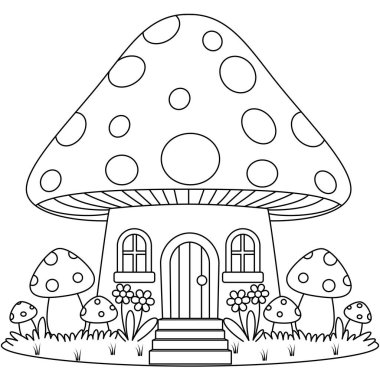 Cute kawaii Fairy Mushroom House cartoon coloring page vector illustration clipart