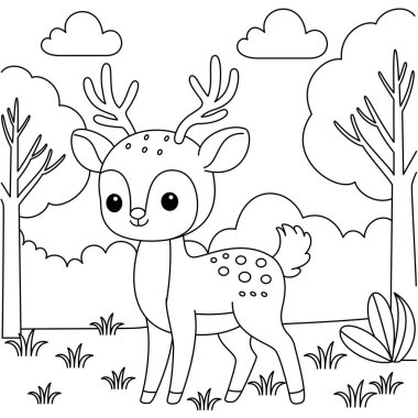 Ormanın arka planında sevimli kawaii geyiği çizgi film karakteri boyama sayfası illüstrasyonu