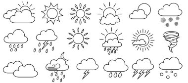 İkon hava tahminlerinin vektör illüstrasyon seti renklendirme sayfası, doğal fenomenler simgeleri. Çizgi film el çizimi 