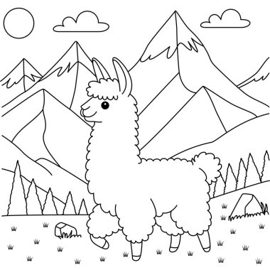 Sevimli kawaii lama, yükselen tepelerin ve yuvarlanan tepelerin ortasında çizgi film karakteri çizim sayfası illüstrasyonu