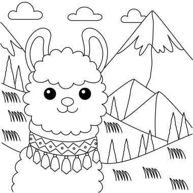 Sevimli kawaii lama, yükselen tepelerin ve yuvarlanan tepelerin ortasında çizgi film karakteri çizim sayfası illüstrasyonu