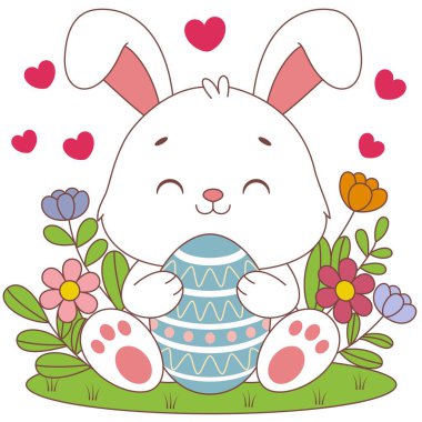 Şirin kawaii tavşanı çocuklar için çiçek arkaplan çizimi üzerine süslü bir Paskalya yumurtası çizgi film karakterine sarılıyor.
