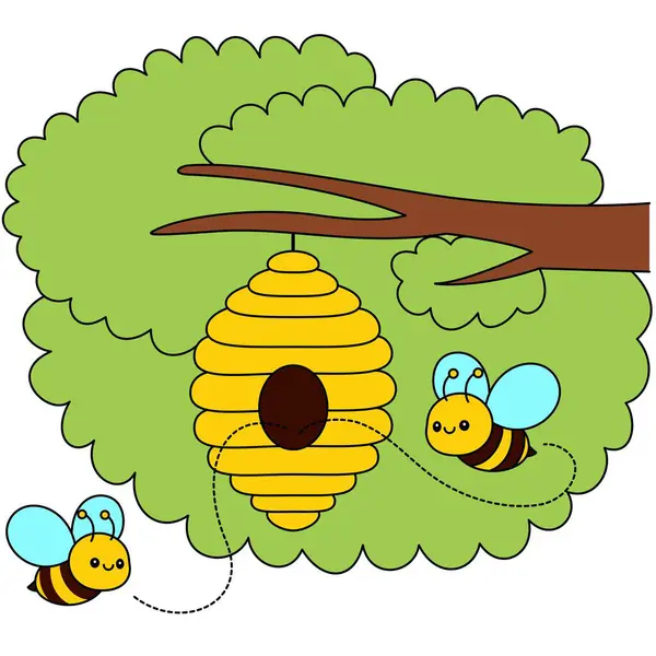 Cute Kawaii Beehive Bees Cartoon Character Vector Illustration — Stock Vector
