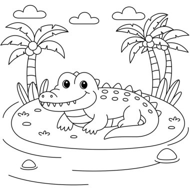 Ada arkaplan renklendirme sayfası illüstrasyonunda sevimli kawaii timsah çizgi film karakteri